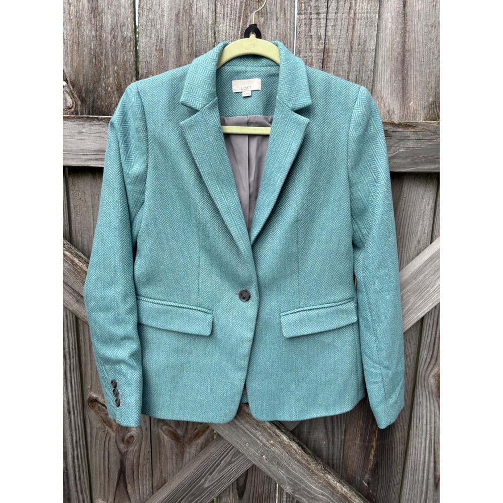 Loft Womens Turquoise Herringbone Wool Blend Single Button Blazer‎ Jacket Size 2